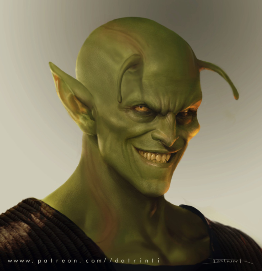 1boy antennae collarbone colored_skin dragon_ball dragon_ball_(classic) evil_grin evil_smile gradient gradient_background green_skin grin highres male_focus piccolo_daimaou pointy_ears portrait realistic sharp_teeth signature smile solo teeth tiago_datrinti watermark web_address yellow_eyes