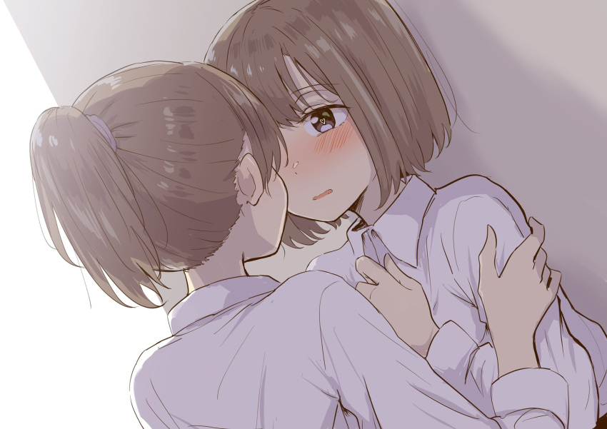 2girls betock blush brown_hair collared_shirt hand_on_another's_arm heart heart-shaped_pupils highres looking_at_another multiple_girls original ponytail shirt short_hair symbol-shaped_pupils upper_body violet_eyes white_shirt yuri
