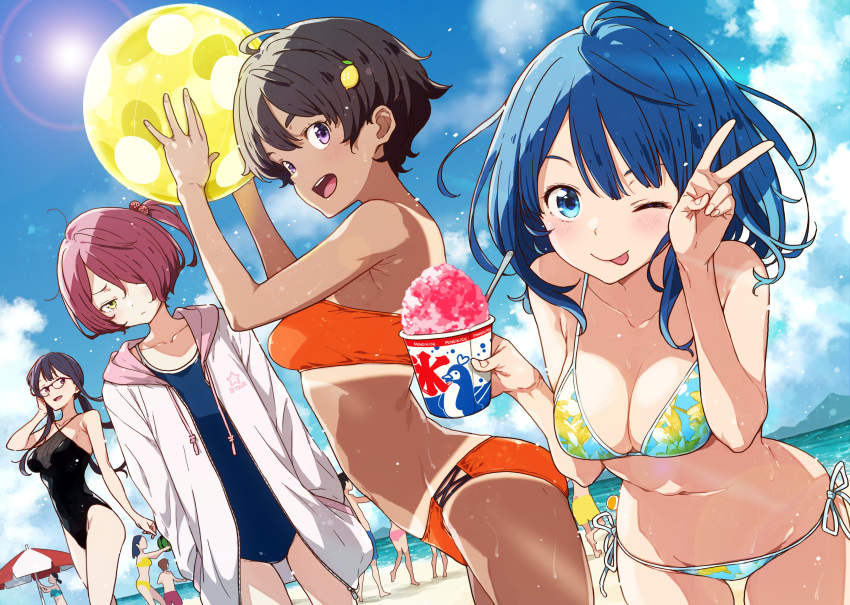 4girls :| ;p absurdres ball bare_shoulders beach beachball bikini black_swimsuit blue_bikini blue_hair blue_sky blue_swimsuit breasts brown_hair character_request closed_mouth commentary food-themed_hair_ornament glasses hair_ornament highres hood hoodie imigimuru leaning_forward lemon_hair_ornament long_hair looking_at_viewer make_heroine_ga_oo_sugiru! medium_breasts multiple_girls navel ocean official_art one-piece_swimsuit one_eye_closed one_eye_covered open_mouth orange_bikini orange_swimsuit purple_hair school_swimsuit shaved_ice short_hair side-tie_bikini side_ponytail sky smile stomach strapless string_bikini swimsuit tan tanlines tongue tongue_out tube_top twintails v violet_eyes wet yakishio_remon yanami_anna yellow_eyes