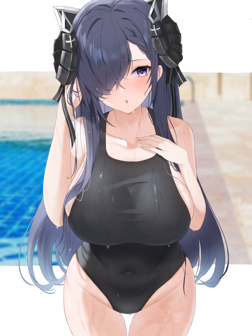 1girl absurdres august_von_parseval_(azur_lane) azur_lane black_hair black_swimsuit breasts collarbone competition_swimsuit covered_navel futon_fly_away hair_over_one_eye highres horns large_breasts long_hair one-piece_swimsuit pool poolside solo swimsuit very_long_hair violet_eyes water wet wet_clothes wet_swimsuit