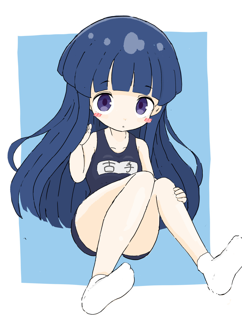 1girl :o absurdres bangs bare_arms bare_shoulders black_swimsuit blue_background blue_hair blush_stickers collarbone commentary_request eyebrows_visible_through_hair furude_rika hand_up highres higurashi_no_naku_koro_ni knees_together_feet_apart looking_at_viewer no_shoes one-piece_swimsuit parted_lips rururu_(pyrk8855) school_swimsuit socks soles solo swimsuit two-tone_background violet_eyes white_background white_legwear