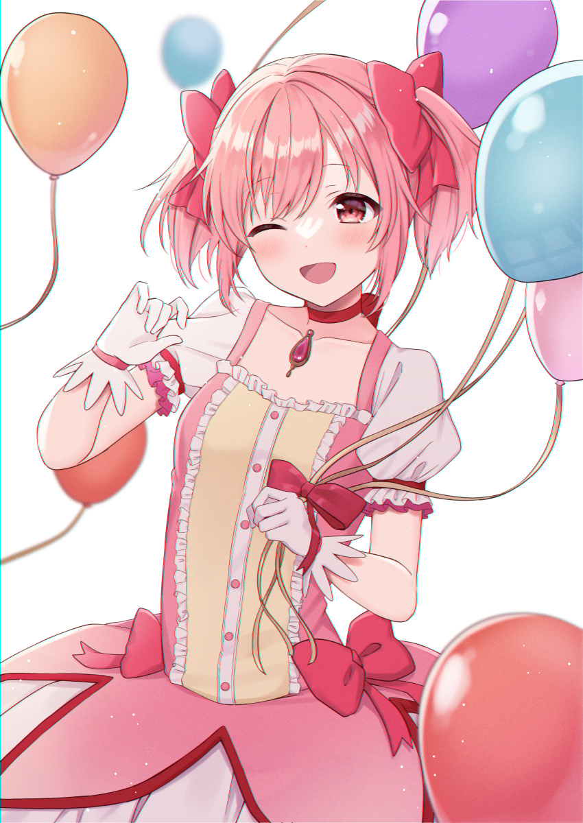 1girl ;d absurdres balloon bow eyebrows_visible_through_hair gloves hair_bow highres kaname_madoka magical_girl mahou_shoujo_madoka_magica mochiko_(uyu_omochi) one_eye_closed open_mouth pink_eyes pink_hair puffy_short_sleeves puffy_sleeves red_bow short_hair short_sleeves simple_background smile solo twintails white_background white_gloves