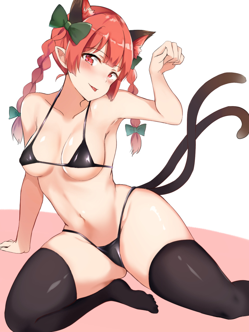 1girl :p animal_ears bangs bikini black_bikini blunt_bangs blush bow braid breasts cat_ears cat_girl cat_tail extra_ears eyebrows_visible_through_hair green_bow hair_bow highres kaenbyou_rin long_hair looking_at_viewer medium_breasts multiple_tails nagomian navel paw_pose pink_background pointy_ears red_eyes redhead sitting solo swimsuit tail tongue tongue_out touhou twin_braids two-tone_background white_background