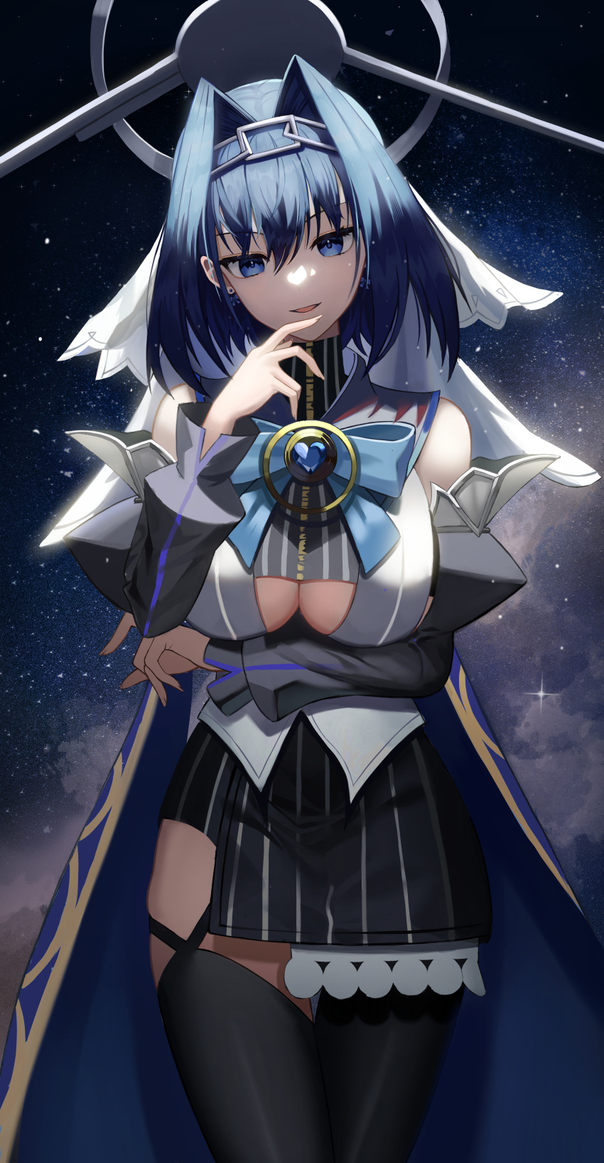 1girl absurdres arm_under_breasts asymmetrical_legwear bangs black_legwear blue_eyes blue_hair bow breasts cape cleavage_cutout clock_hands clothing_cutout detached_sleeves hair_intakes hand_up head_chain highres hololive hololive_english large_breasts mechanical_halo miniskirt night night_sky ouro_kronii parted_lips poise short_hair skirt sky smile striped striped_skirt thigh-highs veil vertical_stripes virtual_youtuber