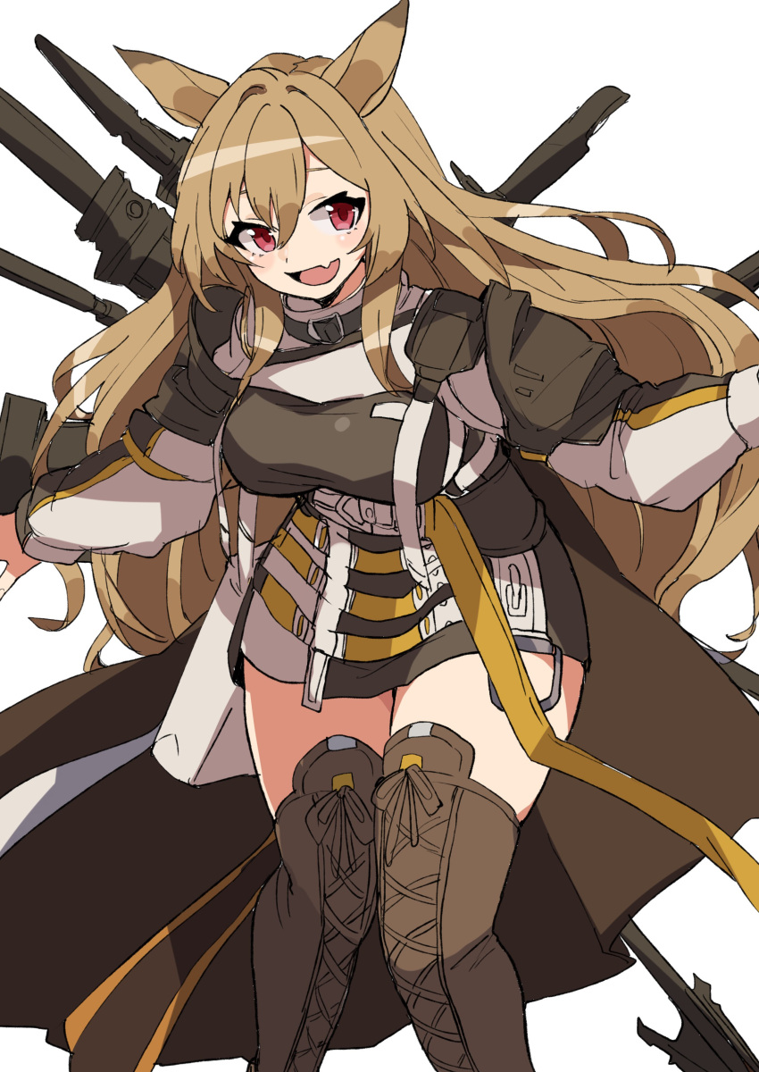 1girl absurdres animal_ears arknights boots brown_cape brown_coat brown_footwear brown_hair cape ceobe_(arknights) coat commentary dog_ears fang feet_out_of_frame hair_between_eyes highres long_hair looking_at_viewer open_mouth red_eyes simple_background skin_fang solo thigh-highs thigh_boots thighs vegetable_osamuta weapon weapon_on_back white_background zettai_ryouiki