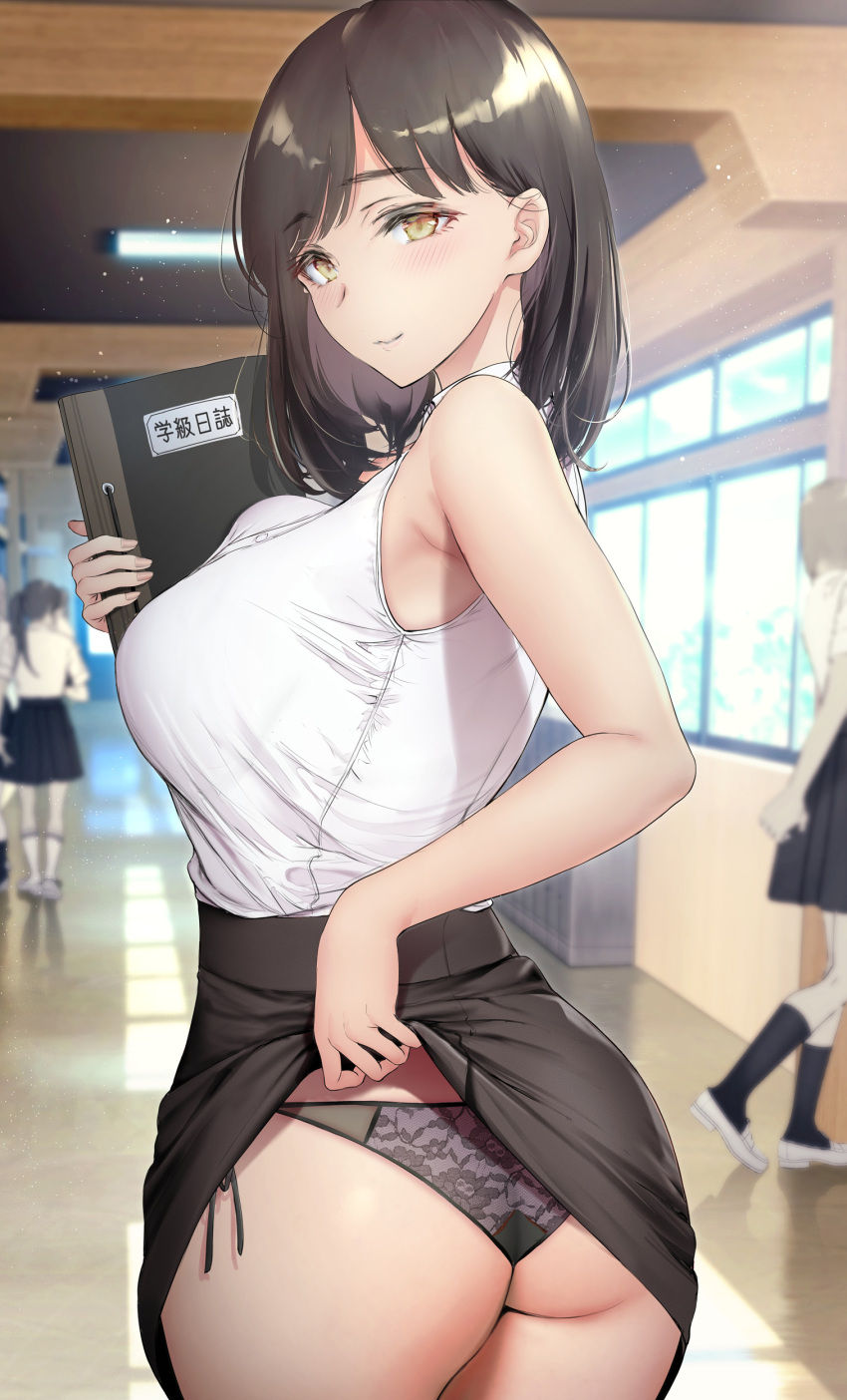1other 4girls absurdres armpits ass bangs bare_arms bare_shoulders black_hair black_legwear black_panties black_skirt blurry blush breasts brown_hair ceiling_light clothes_lift commentary_request depth_of_field eyebrows_visible_through_hair gentsuki hallway highres holding holding_notebook kneehighs lace-trimmed_panties lace_trim lifted_by_self light_particles lingerie looking_at_viewer looking_back medium_hair multiple_girls notebook original panties parted_bangs pleated_skirt ponytail school_hall school_uniform seductive_smile shirt side-tie_panties skirt skirt_lift sleeveless sleeveless_shirt smile solo_focus standing teacher turning_head underwear white_footwear white_shirt window yellow_eyes