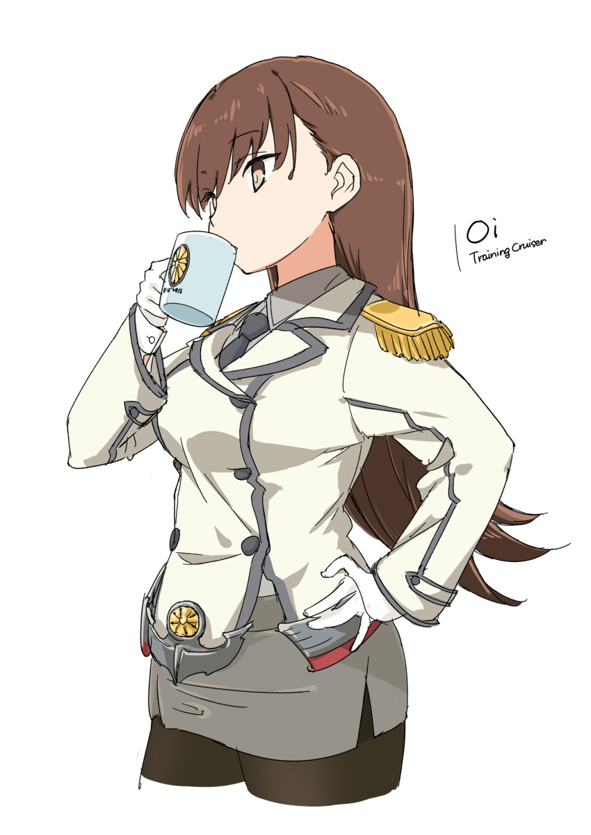 1girl aka_ringo black_legwear brown_eyes brown_hair buttons character_name collared_shirt commentary_request cosplay cropped_legs cup double-breasted drinking epaulettes grey_skirt hand_on_hip highres kantai_collection katori_(kancolle) katori_(kancolle)_(cosplay) kikumon long_hair military military_uniform mug necktie ooi_(kancolle) pantyhose pencil_skirt shirt simple_background skirt solo uniform white_background