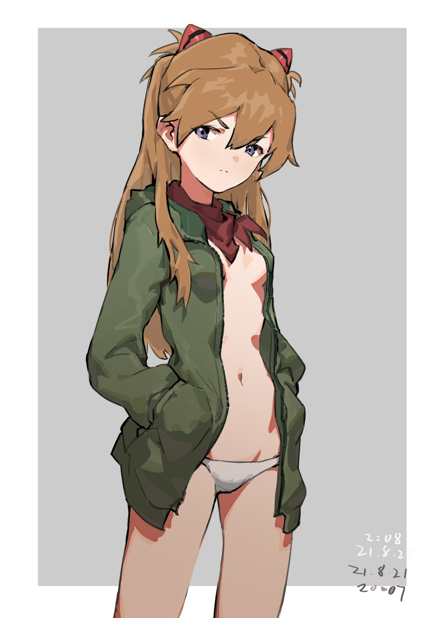 1girl absurdres bandana bangs blue_eyes breasts closed_mouth dated green_jacket grey_background hairpods hands_in_pockets highres jacket long_hair luoxuan_dazhuang_ji navel neon_genesis_evangelion no_bra no_pants no_shirt orange_hair panties small_breasts solo souryuu_asuka_langley standing two-tone_background underwear white_background white_panties