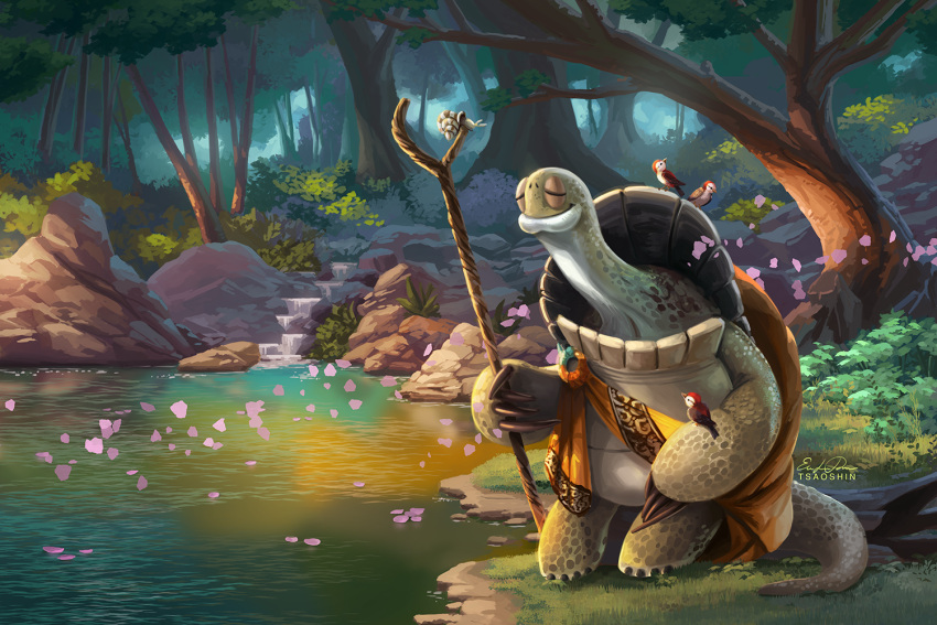 animal animal_focus artist_name bird cane cherry_blossoms closed_eyes commentary english_commentary eric_proctor forest grass holding holding_cane kung_fu_panda lake nature no_humans oogway outdoors photoshop_(medium) rock signature sitting tree turtle water watermark
