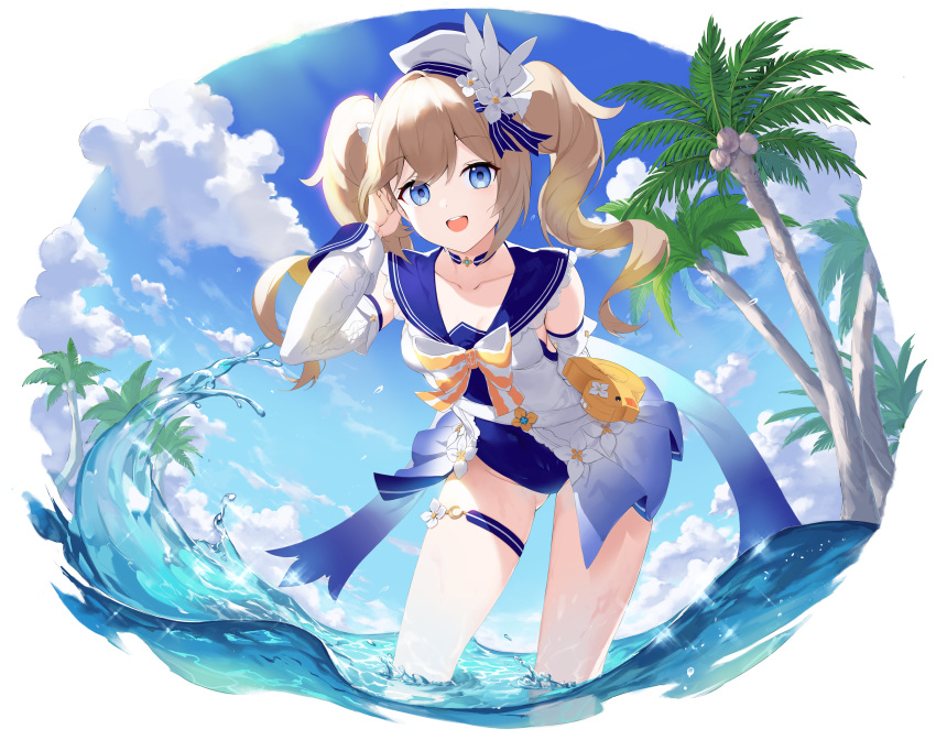 1girl absurdres bag barbara_(genshin_impact) barbara_(summertime_sparkle)_(genshin_impact) beach bird blonde_hair blue_eyes blue_sky breasts coconut_tree duck genshin_impact hat highres long_hair nyun open_mouth palm_tree partially_submerged sky smile solo swimsuit tree tropical water
