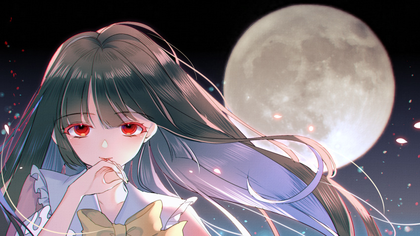 1girl bangs black_hair blouse bow bowtie closed_mouth collar collared_blouse eyebrows_visible_through_hair hair_between_eyes hand_up highres houraisan_kaguya long_hair long_sleeves looking_at_viewer moon moseley night night_sky petals pink_blouse red_eyes sky smile solo touhou upper_body wide_sleeves yellow_bow yellow_neckwear