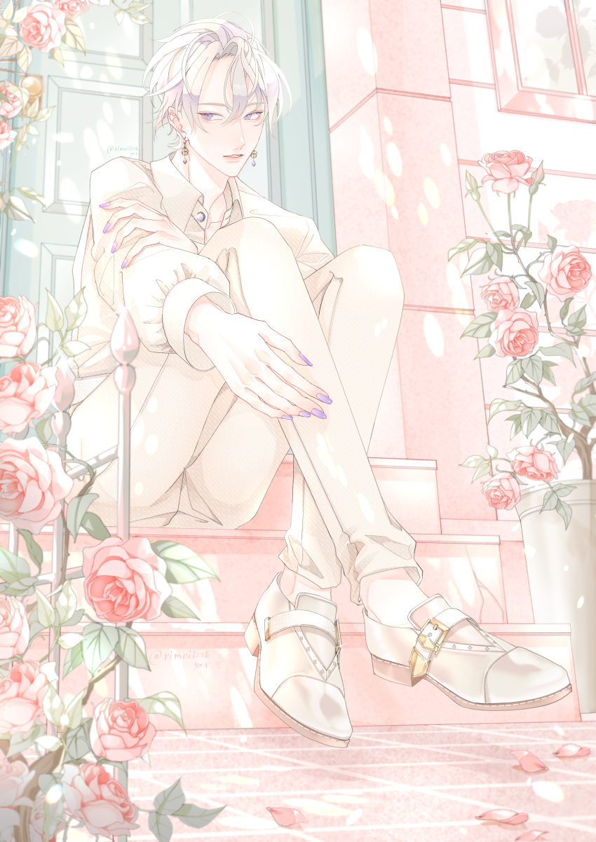 1boy absurdres blue_eyes collared_shirt door earrings flower highres jewelry light_rays long_sleeves looking_to_the_side male_focus on_ground original pants petals pink_flower pink_rose purple_nails rimei1226 rose shirt shoes short_hair solo stairs sunbeam sunlight white_hair white_pants white_shirt