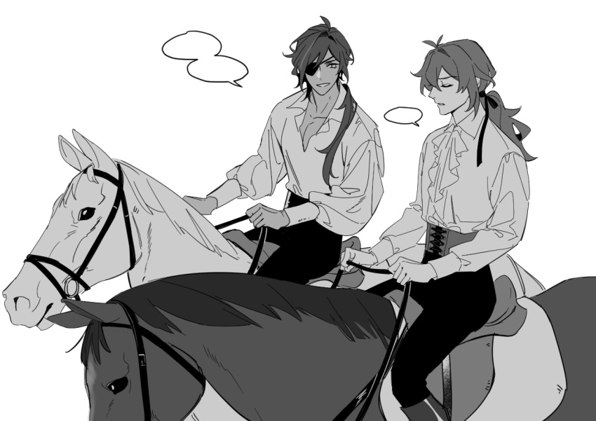 2boys animal bangs blank_speech_bubble closed_eyes diluc_(genshin_impact) eyepatch genshin_impact greyscale horse horseback_riding k_young03 kaeya_(genshin_impact) long_hair long_sleeves male_focus monochrome multiple_boys parted_lips ponytail reins riding saddle shirt simple_background speech_bubble