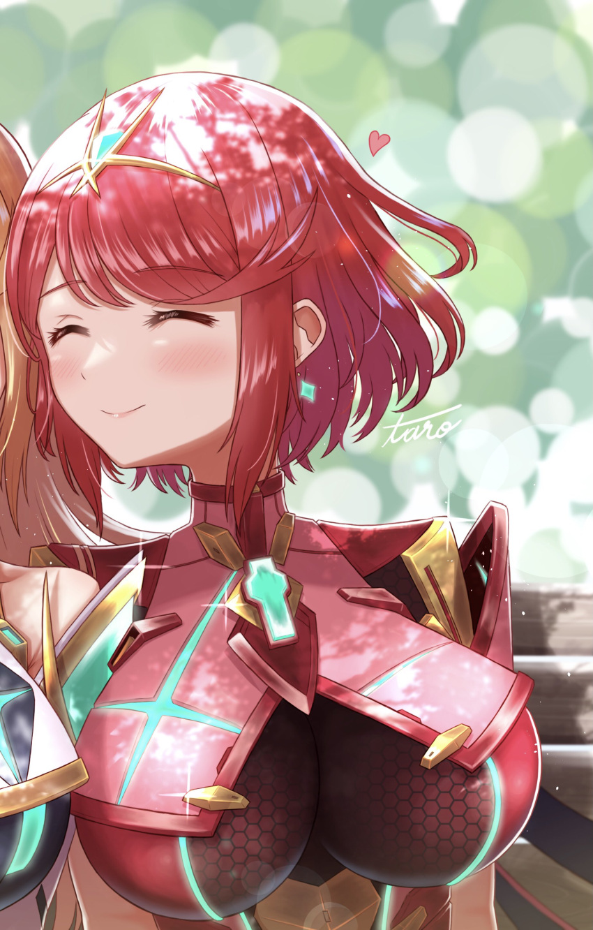 1girl absurdres bangs blush breasts chest_jewel earrings highres jewelry large_breasts pyra_(xenoblade) redhead short_hair signature swept_bangs taro_(peach_taro51) tiara xenoblade_chronicles_(series) xenoblade_chronicles_2