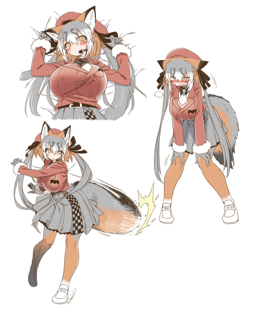 1girl animal_ear_fluff animal_ears bangs bed_sheet belt beret black_ribbon blush breasts buttons commentary dot_mouth double-breasted ears_down extra_ears eyebrows_visible_through_hair fox_ears fox_girl fox_tail fur-trimmed_sleeves fur_trim gloves grey_gloves grey_hair grey_skirt hair_between_eyes hair_ribbon hands_on_own_knees hat headset highres island_fox_(kemono_friends) kemono_friends kemono_friends_v_project large_breasts legs_apart long_hair long_sleeves looking_at_viewer lying multicolored_hair multiple_views necktie on_back orange_hair pantyhose pleated_skirt red_headwear red_shirt ribbon shirt short_necktie simple_background skirt standing sweat tail tail_slapping tired twintails virtual_youtuber white_background white_hair white_neckwear yellow_eyes yoshida_hideyuki
