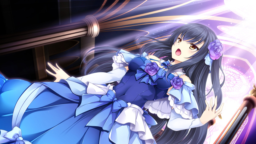 1girl black_hair blue_capelet blue_dress capelet church detached_sleeves dress dutch_angle floating_hair flower game_cg hair_flower hair_ornament highres long_dress long_hair long_sleeves official_art open_mouth otome_ga_musubu_tsukiyo_no_kirameki purple_flower shijou_ran shiny shiny_hair solo standing very_long_hair white_sleeves yellow_eyes