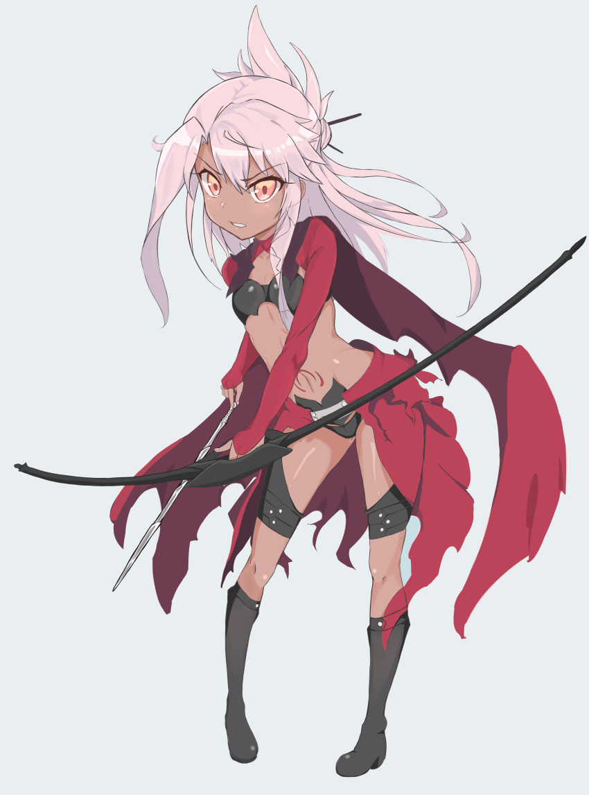 1girl absurdres armor arrow_(projectile) bangs black_footwear black_panties boots bow_(weapon) breastplate breasts bridal_gauntlets cape chloe_von_einzbern clenched_teeth dark-skinned_female dark_skin fate/kaleid_liner_prisma_illya fate_(series) full_body hair_between_eyes hair_bun hair_ornament hairpin half_updo highres kebab_(blackdoll) knee_boots long_hair long_sleeves looking_at_viewer navel orange_eyes panties pink_hair red_cape shrug_(clothing) sidelocks small_breasts solo stomach_tattoo tattoo teeth underwear waist_cape weapon