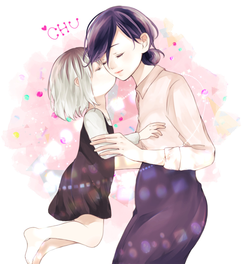 2girls absurdres black_dress black_hair child closed_eyes closed_mouth collared_shirt commentary_request dress gradient gradient_background grey_hair grey_shirt hair_bun hand_up heart highres kaneki_ichika kirishima_touka kiss kissing_cheek long_sleeves mother_and_daughter multicolored_hair multiple_girls purple_skirt shirt short_hair skirt smile sparkle tokyo_ghoul tokyo_ghoul:re toukaairab two-tone_hair