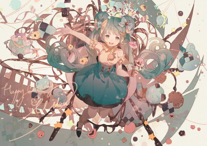 1girl arm_up balabling bangs bare_shoulders birthday black_footwear blue_eyes blue_hair blue_skirt blush bow bowtie chocolate commentary cookie corset double_bun film_strip food full_body hair_bow hair_ornament hairclip hand_up happy_birthday hatsune_miku highres holding holding_food ice_cream ice_cream_cone leg_up long_hair looking_at_viewer open_mouth outstretched_arms shirt shoes skirt sleeveless smile solo twintails very_long_hair vocaloid yellow_bow yellow_shirt