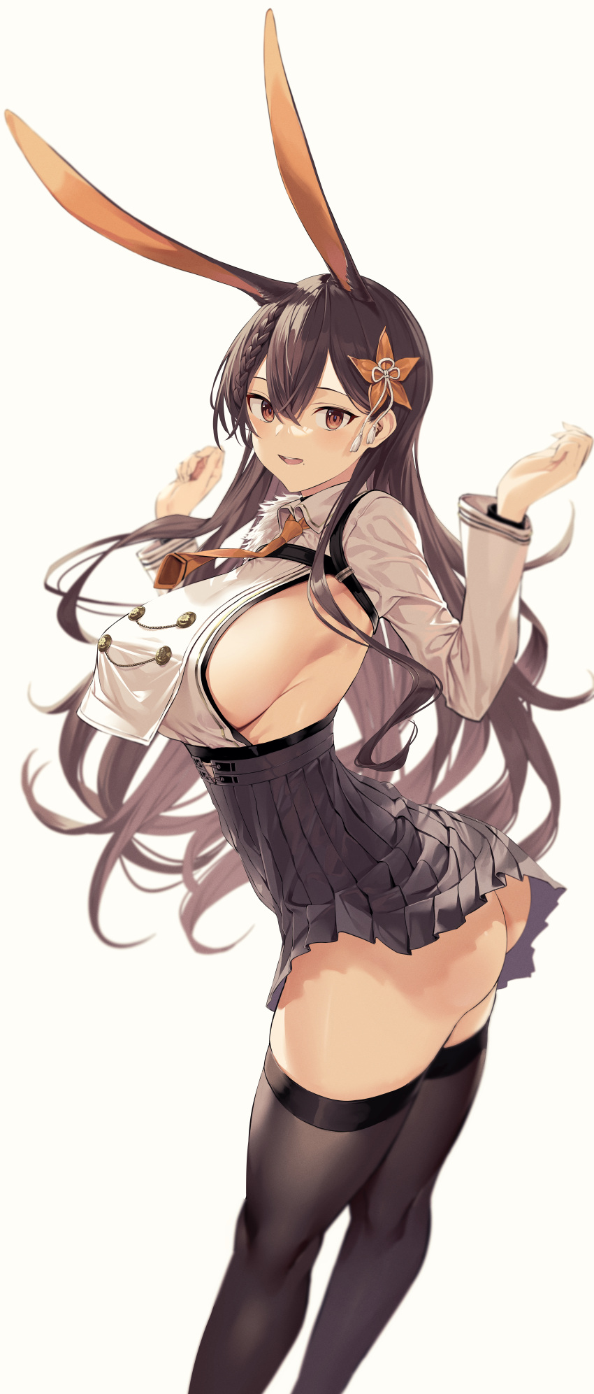 1girl absurdres animal_ears arms_up ass azur_lane bangs black_legwear blush braid breast_curtains breasts brown_eyes brown_hair chikuma_(azur_lane) clothes_lift collar hair_ornament high-waist_skirt highres hiiragi_yuuichi incredibly_absurdres large_breasts long_hair long_sleeves looking_at_viewer mole mole_under_mouth necktie open_mouth rabbit_ears side_cutout sideboob skirt skirt_lift smile solo thigh-highs thighs