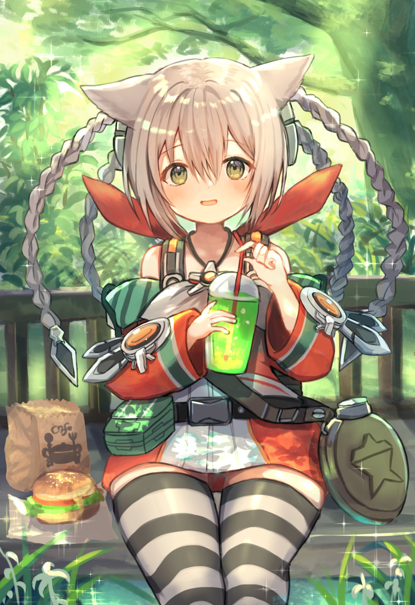 1girl :d animal_ears bag bangs belt bench bottle braid brown_eyes burger character_request commentary_request cup disposable_cup drink drinking_straw eyebrows_visible_through_hair food hair_between_eyes hair_ornament highres horizontal_stripes long_hair looking_at_viewer marekamico meat multiple_braids open_mouth paper_bag park_bench phantasy_star phantasy_star_online_2 seiza sidelocks silver_hair sitting smile solo striped striped_legwear thigh-highs water_bottle zettai_ryouiki