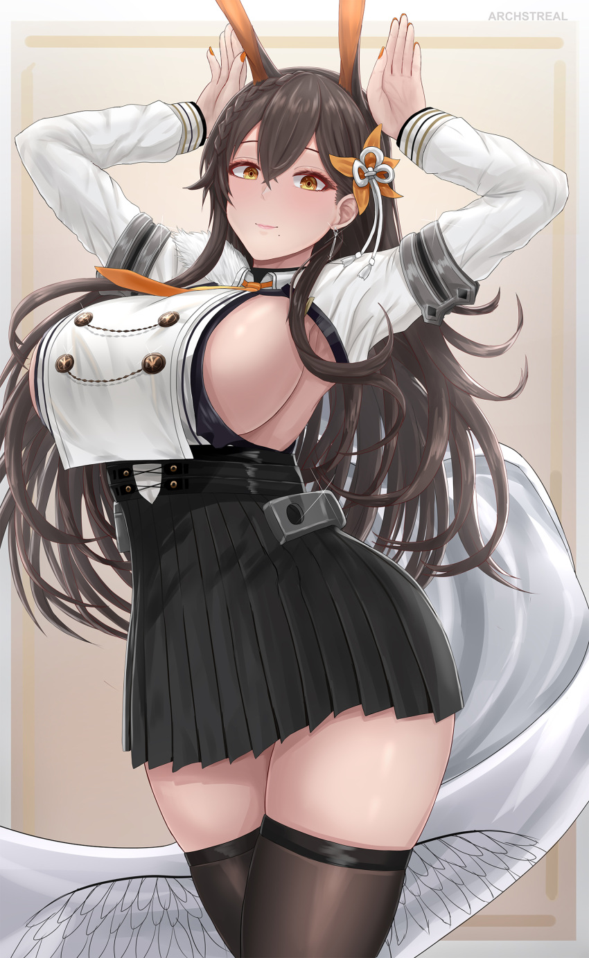 1girl absurdres animal_ears archstreal arms_up azur_lane bangs black_hair black_legwear black_skirt blush braid breasts chikuma_(azur_lane) closed_mouth cowboy_shot crossed_bangs earrings hair_ornament highres jewelry large_breasts long_hair long_sleeves looking_at_viewer mole mole_under_mouth pleated_skirt rabbit_ears sideboob skirt smile solo thigh-highs thighs yellow_eyes