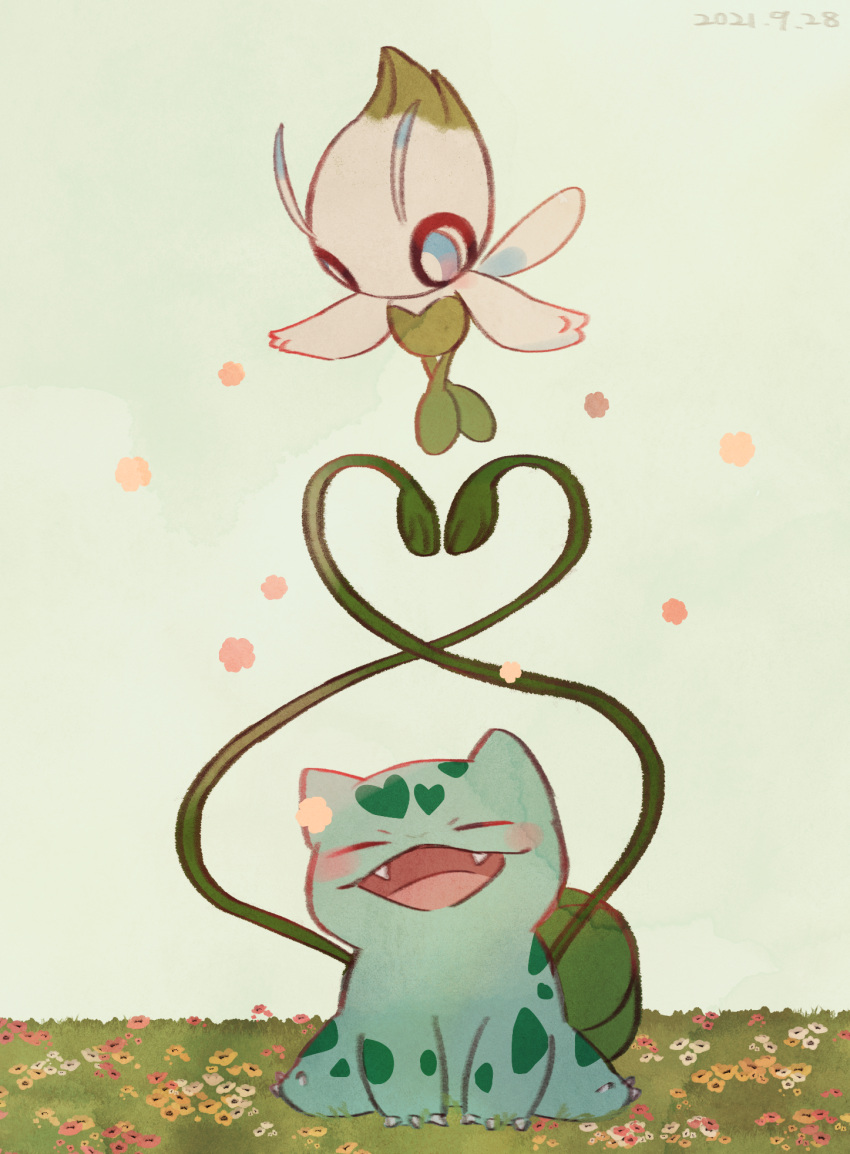 blue_eyes blush bright_pupils bulbasaur celebi claws closed_eyes commentary_request dated fangs flower grass highres leels mythical_pokemon no_humans open_mouth plant pokemon pokemon_(creature) sitting tongue vines white_pupils