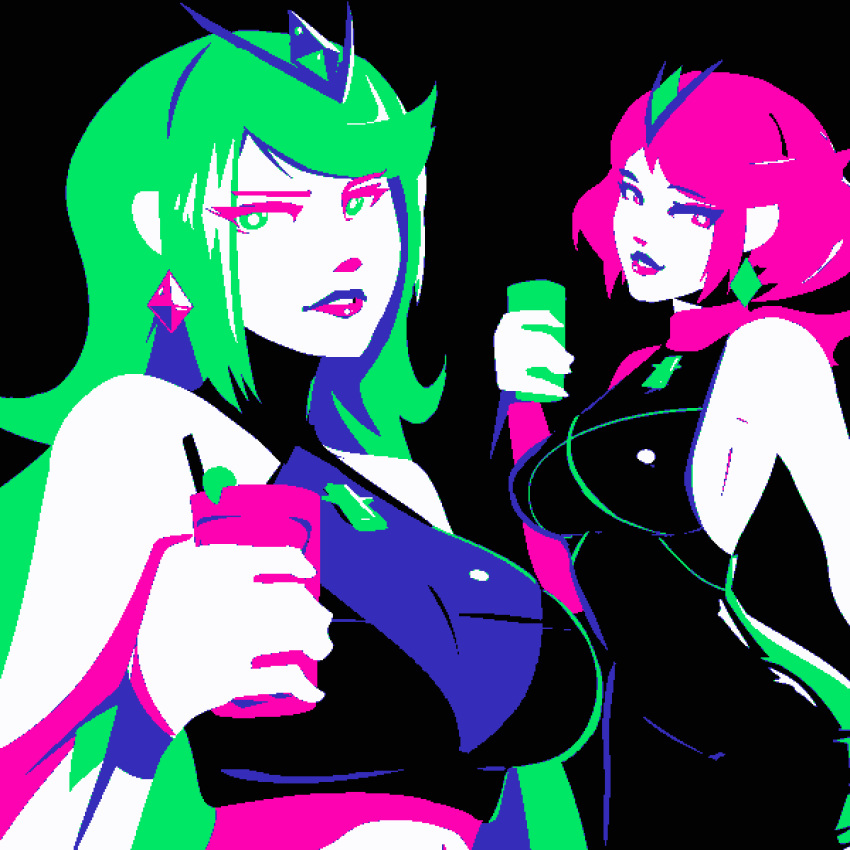 2girls alternate_color alternate_costume animated animated_gif bare_shoulders black_dress black_footwear breasts chest_jewel cup dress english_commentary fingerless_gloves gloves green_hair highres holding holding_cup large_breasts looping_animation microdress midriff multiple_girls mythra_(xenoblade) navel pink_hair pyra_(xenoblade) sideboob simple_background transformation xenoblade_chronicles_(series) xenoblade_chronicles_2 yan_(nucleose)