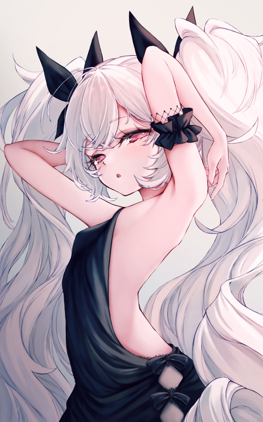 1girl alternate_costume armpits arms_up azur_lane backless_dress backless_outfit bangs black_dress black_ribbon breasts commentary_request dress evening_gown eyebrows_visible_through_hair grey_background hair_ribbon highres laffey_(azur_lane) long_hair looking_at_viewer narrowed_eyes official_alternate_costume open_mouth red_eyes ribbon sidelocks silver_hair simple_background small_breasts solo twintails twisted_torso very_long_hair wakaba_(945599620)