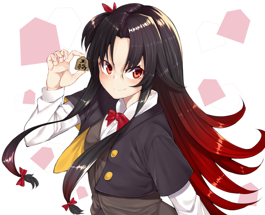 1girl absurdres black_hair black_jacket bow bowtie brown_vest closed_mouth collared_shirt cropped_jacket gradient_hair hair_between_eyes hair_bow hand_up highres jacket long_sleeves looking_at_viewer mikan_(chipstar182) multicolored_hair open_clothes open_jacket red_bow red_eyes red_neckwear redhead ryuuou_no_oshigoto! shirt smile smug solo vest white_shirt wing_collar yashajin_ai