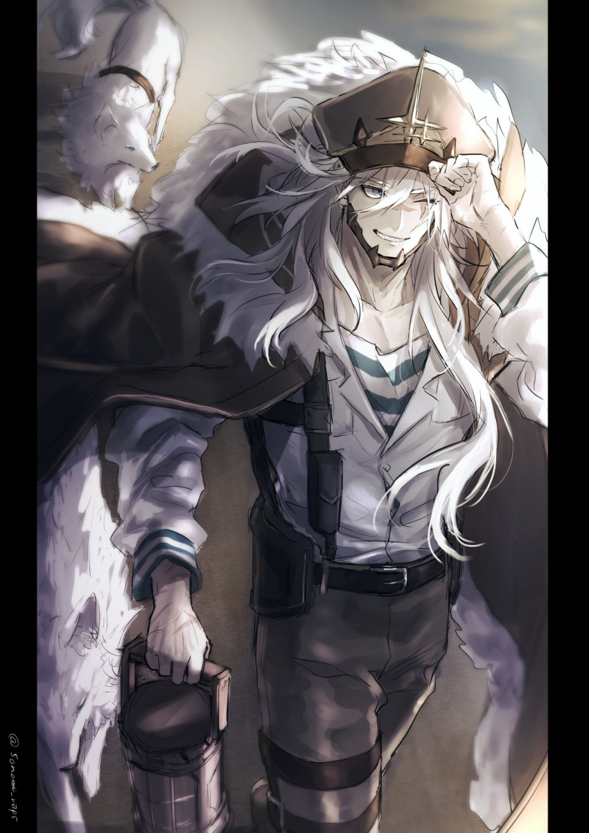 1boy alchemy_stars barton_(alchemy_stars) belt black_headwear blue_eyes cape grin hand_up hat highres holster looking_at_viewer male_focus one_eye_closed scar scar_on_face scar_on_nose sharp_teeth shirt shoulder_holster smile solo sonomi teeth white_hair white_shirt wolf