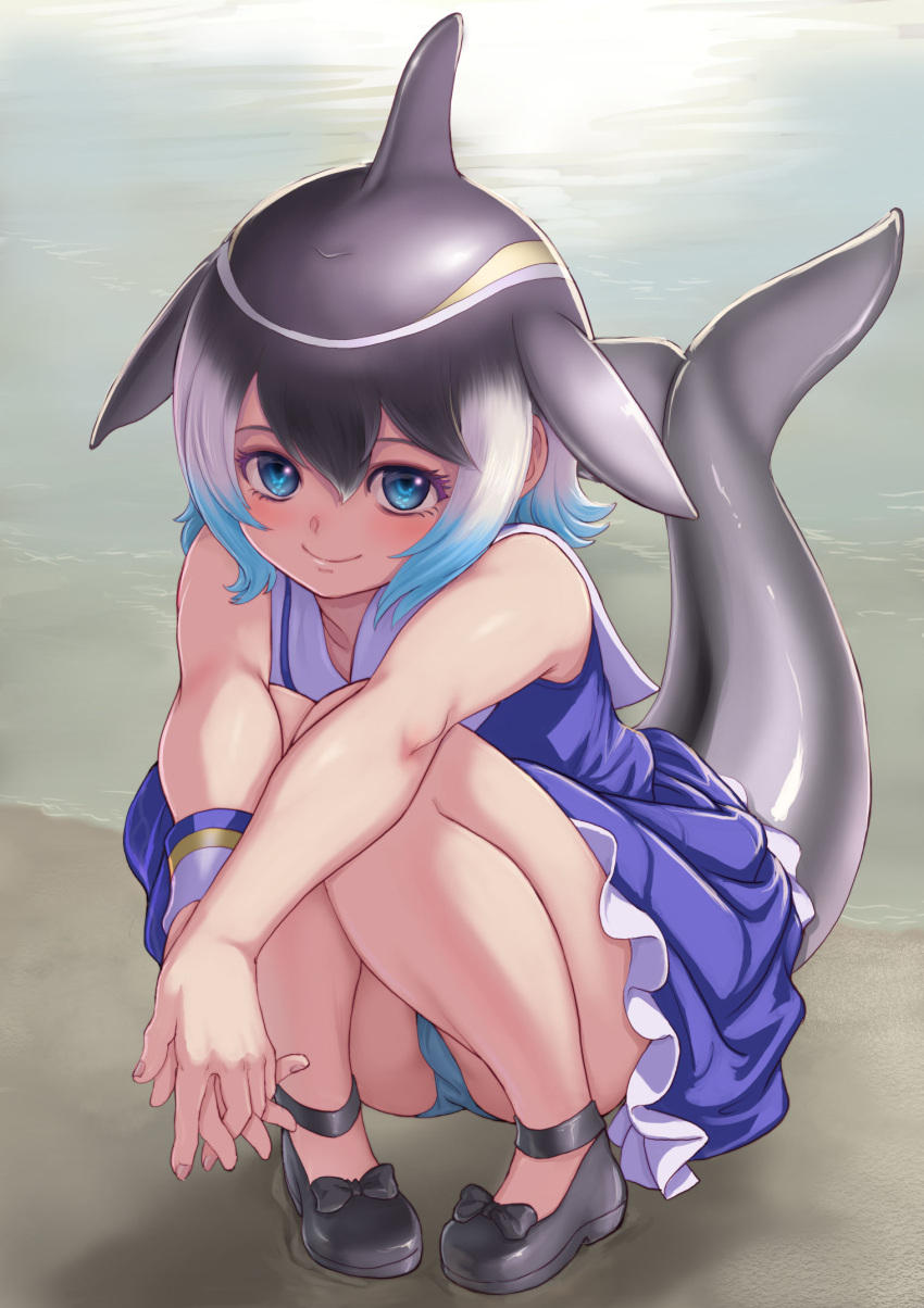 1girl bare_arms bare_shoulders beach black_hair blonde_hair blowhole blue_eyes blue_hair blue_panties closed_mouth collared_dress common_dolphin_(kemono_friends) day dolphin_girl dolphin_tail dorsal_fin dress fins frilled_dress frills full_body hair_between_eyes head_fins highres kemono_friends knees_together_feet_apart kosai_takayuki looking_at_viewer mary_janes medium_hair multicolored_hair outdoors outstretched_arms own_hands_together panties sailor_collar sand shoes short_dress sidelocks sleeveless sleeveless_dress smile solo squatting tail tail_fin underwear water white_hair