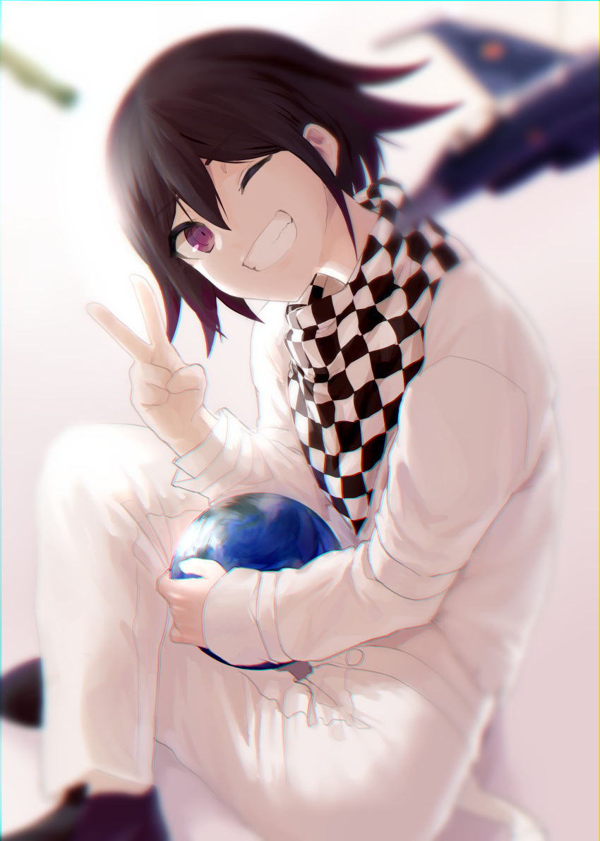 1boy absurdres ball bangs black_hair black_scarf blurry blurry_background blurry_foreground checkered checkered_scarf commentary_request danganronpa_(series) danganronpa_v3:_killing_harmony delta3814 from_side grin hair_between_eyes highres holding holding_ball indian_style jacket long_sleeves looking_at_viewer male_focus one_eye_closed ouma_kokichi pants purple_footwear scarf shoes short_hair simple_background sitting smile solo v violet_eyes white_background white_jacket white_pants white_scarf
