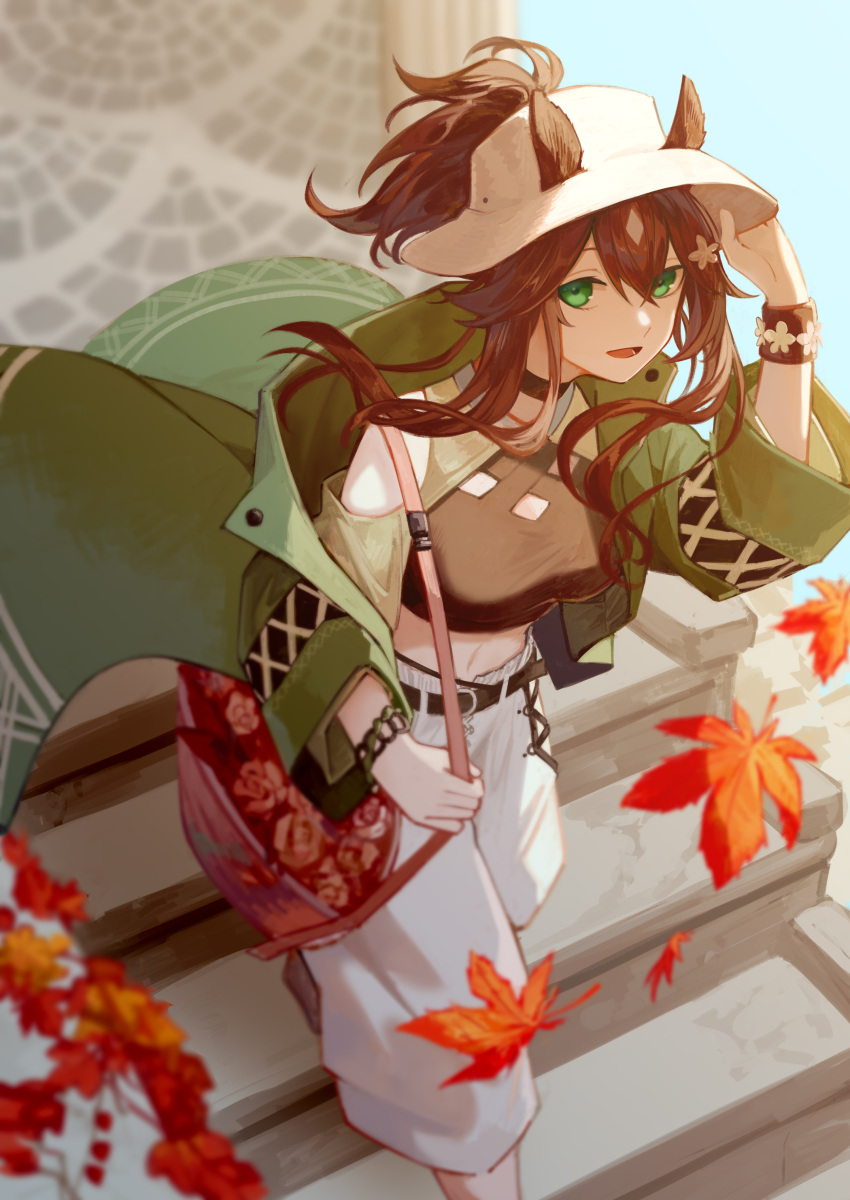 1girl absurdres animal_ears arknights autumn_leaves bag belt black_belt black_choker black_shirt choker commentary cow_ears cropped_shirt ears_through_headwear flower green_eyes green_jacket hair_between_eyes hair_flower hair_ornament hair_through_headwear hand_on_headwear handbag hat highres jacket leaf long_hair looking_at_viewer maple_leaf meteor_(arknights) meteor_(bard's_holiday)_(arknights) midriff miike_(992058) navel off_shoulder official_alternate_costume open_clothes open_jacket open_mouth outdoors pants ponytail red_bag shirt solo stairs sun_hat walking white_headwear white_pants wristband