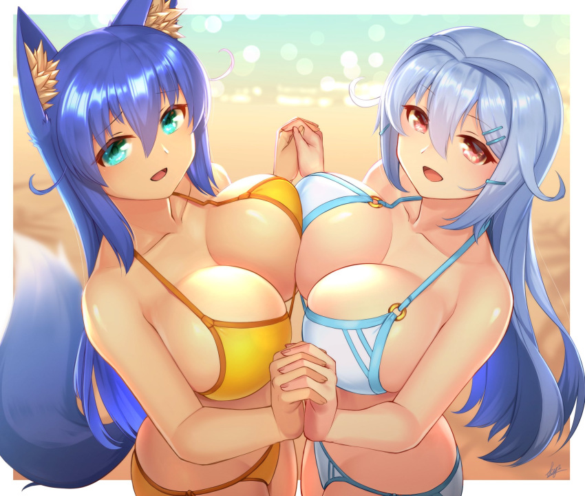 2girls animal_ears beach bikini blue_bikini blue_eyes blue_hair blurry blurry_background border breast_press breasts collarbone day depth_of_field eyebrows_visible_through_hair fox_ears fox_girl fox_tail fuyubare_kiyo hair_between_eyes hair_ornament hairclip halterneck highres holding_hands interlocked_fingers kyu_(wein-seria) large_breasts light_blue_hair long_hair looking_at_viewer multicolored multicolored_bikini multicolored_clothes multiple_girls o-ring o-ring_bikini open_mouth original outdoors red_eyes signature smile swimsuit symmetrical_docking tail upper_body white_bikini white_border yellow_bikini