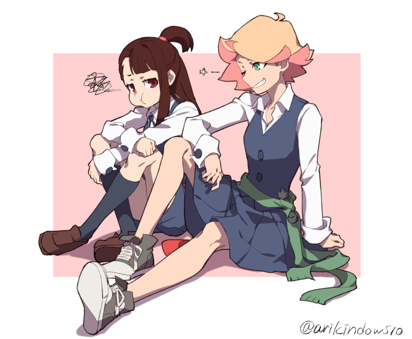 2girls amanda_o'neill arikindows10 arm_on_knee artist_name blue_skirt brown_hair buttons closed_mouth collared_shirt flipped_hair green_eyes jewelry kagari_atsuko kneehighs knees_up little_witch_academia loafers long_sleeves looking_at_another luna_nova_school_uniform medium_hair multicolored_hair multiple_girls necklace on_ground one_eye_closed orange_hair pink_background pleated_skirt ponytail pout redhead school_uniform shirt shoes short_hair short_ponytail sitting skirt smile sneakers socks squiggle star_(symbol) teeth two-tone_background two-tone_hair uniform wand white_background white_shirt