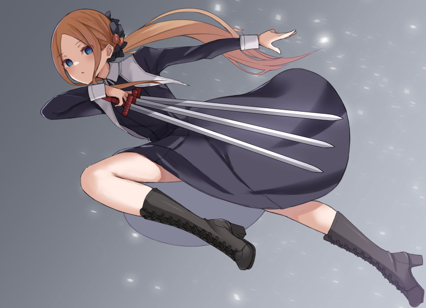 1girl abigail_williams_(fate) absurdres action alternate_costume alternate_hairstyle bangs bare_legs between_fingers black_dress black_footwear black_keys_(type-moon) blonde_hair blue_eyes blush boots bow closed_mouth commentary_request cosplay cross-laced_footwear dress empty_eyes expressionless fate/grand_order fate_(series) full_body gradient gradient_background grey_background hair_bow high_heels highres holding holding_sword holding_weapon jumping knee_boots knee_up kopaka_(karda_nui) lace-up_boots light_particles long_hair low_ponytail midair no_pupils nun parted_bangs ponytail sidelocks sleeve_cuffs solo sword tsukihime tsukihime_(remake) weapon