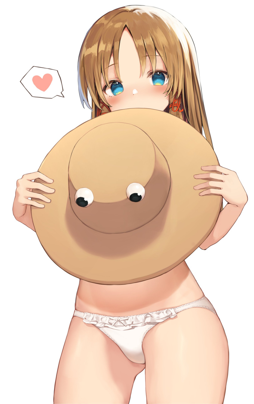 1girl absurdres ass_visible_through_thighs bangs blonde_hair blue_eyes blush commentary_request covered_mouth cowboy_shot eyebrows_visible_through_hair hat heart highres holding holding_clothes holding_hat long_hair looking_at_viewer mamemochi moriya_suwako panties parted_bangs simple_background solo spoken_heart touhou underwear white_background white_panties