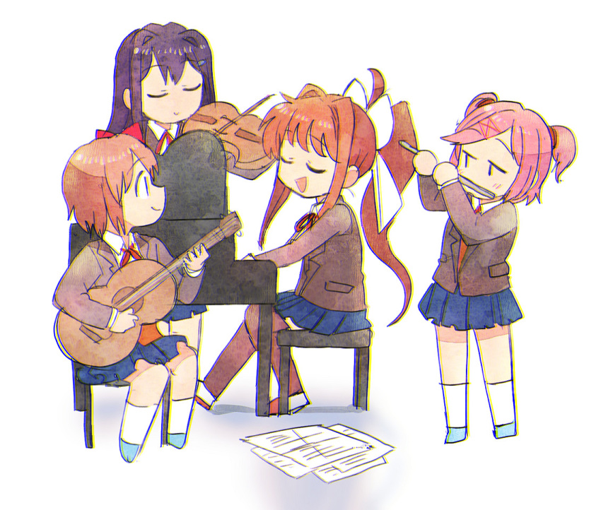 4girls ahoge arms_up bangs blue_footwear blue_skirt bow brown_hair brown_jacket brown_legwear chibi closed_eyes closed_mouth commentary doki_doki_literature_club eyebrows_visible_through_hair flute full_body guitar hair_bow holding holding_instrument instrument jacket jitome light_brown_hair long_hair long_sleeves looking_at_another monika_(doki_doki_literature_club) multiple_girls music natsuki_(doki_doki_literature_club) necktie open_mouth parted_bangs piano piano_bench pink_hair playing_instrument playing_piano pleated_skirt ponytail purple_hair red_bow red_footwear red_neckwear sayori_(doki_doki_literature_club) sheet_music shirt short_twintails sidelocks simple_background sitting skirt smile socks tareme thigh-highs tsubobot twintails violin white_background white_bow white_legwear white_shirt yuri_(doki_doki_literature_club)