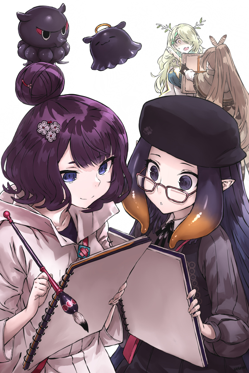 4girls :o antlers back bangs beret black_gloves black_headwear brown_hair ceres_fauna character_request closed_mouth creator_connection crossover fate/grand_order fate_(series) fingerless_gloves floating glasses gloves green_hair hair_bun hair_ornament hair_over_one_eye haraya_manawari hat highres holding holding_brush hololive hololive_english jacket katsushika_hokusai_(fate) long_hair long_sleeves medium_hair multiple_girls nanashi_mumei ninomae_ina'nis open_mouth pink_jacket pointy_ears ponytail purple_hair purple_shirt shaded_face shirt simple_background sketchbook smile squid surprised tako_(ninomae_ina'nis) trait_connection violet_eyes virtual_youtuber white_background yellow_eyes
