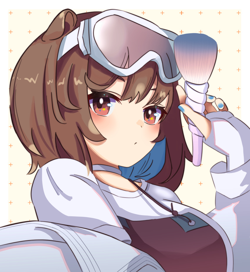 1girl absurdres animal_ears arknights binware blue_nails blush brown_eyes brown_hair brown_overalls choker commentary fingerless_gloves gloves goggles goggles_on_head hand_up highres holding holding_brush jacket looking_at_viewer makeup_brush off_shoulder open_clothes open_jacket otter_ears portrait roberta_(arknights) shirt short_hair simple_background solo white_choker white_gloves white_jacket white_shirt