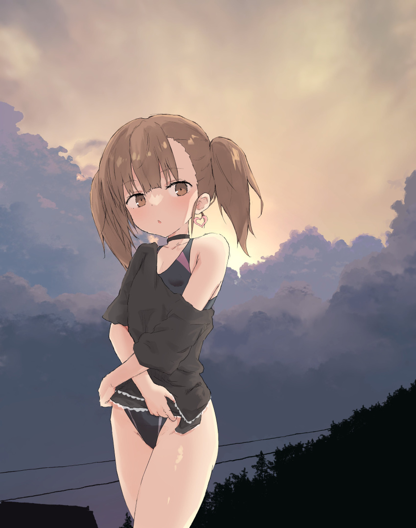 1girl :o absurdres bangs black_choker black_shirt black_swimsuit blunt_bangs breasts brown_eyes brown_hair choker clouds earrings eyebrows_visible_through_hair heart heart_earrings highres jewelry looking_at_viewer original outdoors shirt short_hair sky small_breasts solo standing sunset swimsuit swimsuit_under_clothes thighs twintails undressing yakihebi yakihebi's_brown_haired_loli