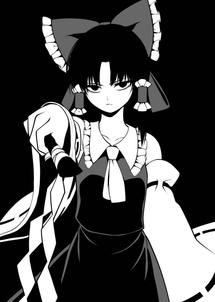 1girl arm_up ascot bangs bare_shoulders black_background black_dress black_eyes black_hair bow breasts closed_mouth collar collared_dress detached_sleeves dress eyebrows_visible_through_hair gohei grey_bow greyscale hair_between_eyes hair_ornament hair_tubes hakurei_reimu hand_up highres long_sleeves looking_at_viewer medium_breasts monochrome shiguma_(signalmass) short_hair simple_background solo touhou white_neckwear wide_sleeves