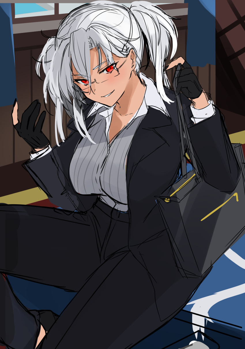 1girl absurdres alternate_costume bag black_pants breasts commentary_request formal glasses gloves highres kantai_collection large_breasts looking_at_viewer musashi_(kancolle) pants partially_fingerless_gloves ponytail red_eyes shirt solo striped striped_shirt suit yunamaro