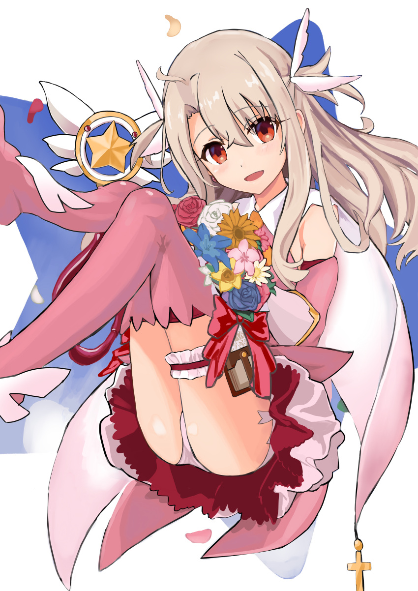 1girl absurdres ascot ass bangs bare_shoulders blush boots bouquet breasts cape card_holster dress elbow_gloves fate/kaleid_liner_prisma_illya fate_(series) feather_hair_ornament feathers flower gloves hair_between_eyes hair_ornament highres illyasviel_von_einzbern kaleidostick kebab_(blackdoll) layered_gloves long_hair looking_at_viewer magical_ruby open_mouth panties pink_dress pink_footwear pink_gloves prisma_illya red_eyes sidelocks skirt small_breasts smile thigh-highs thigh_boots two_side_up underwear wand white_cape white_gloves white_hair white_panties white_skirt yellow_neckwear