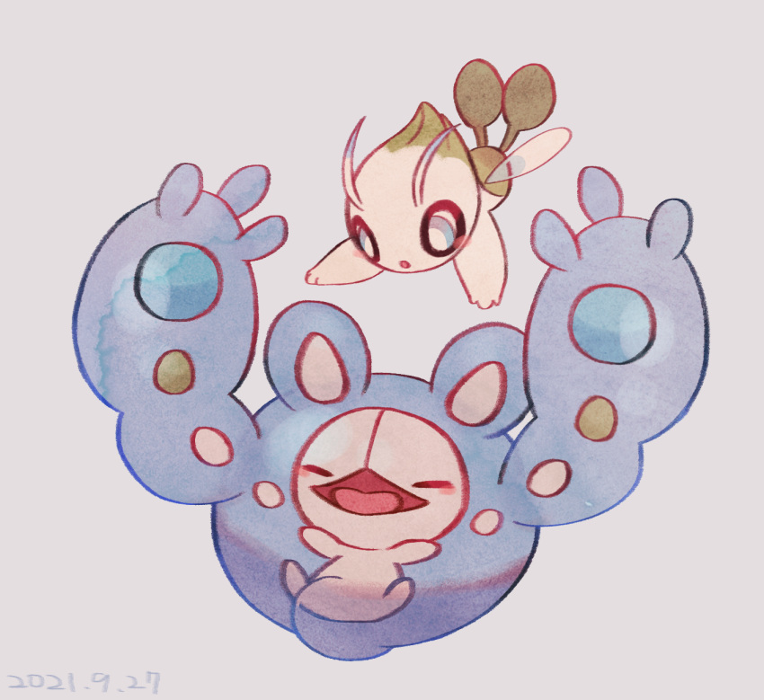 :o alternate_color blue_eyes bright_pupils celebi closed_eyes commentary_request dated grey_background highres leels mythical_pokemon no_humans open_mouth pokemon pokemon_(creature) reuniclus shiny_pokemon simple_background tongue white_pupils