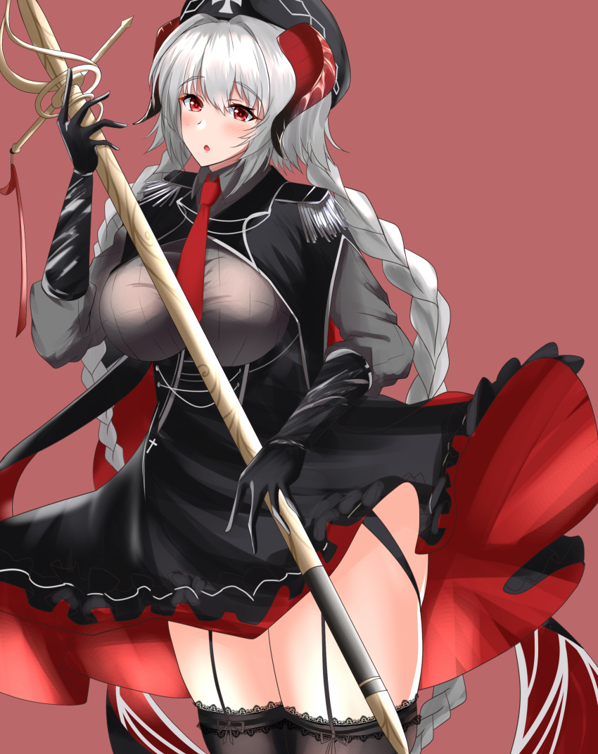 1girl :o absurdres azur_lane black_dress black_gloves black_headwear black_legwear blush braid breasts core1013 demon_horns dress elbow_gloves eyebrows_visible_through_hair feet_out_of_frame garter_straps gloves highres holding horns large_breasts long_hair looking_away necktie nurnberg_(azur_lane) open_mouth red_background red_eyes red_neckwear silver_hair solo standing thigh-highs twin_braids very_long_hair