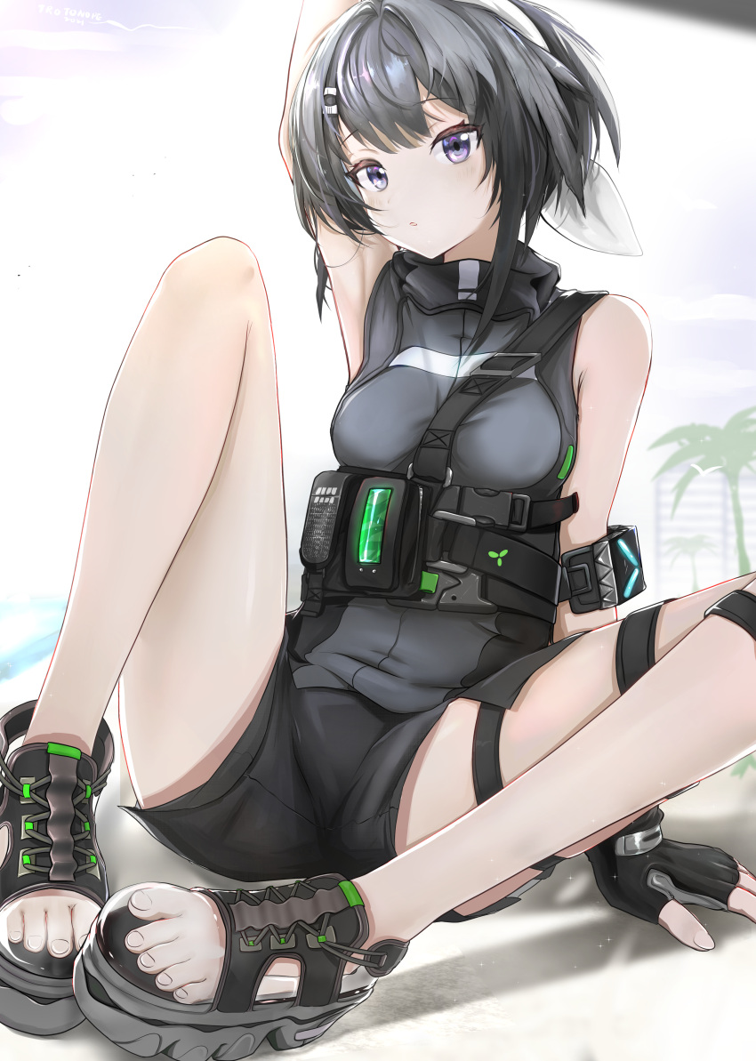 1girl absurdres arknights arm_support arm_up armband black_footwear black_gloves black_shorts blush breasts fingerless_gloves gloves grey_hair grey_shirt hairband highres la_pluma_(arknights) looking_at_viewer m_legs nopetroto outdoors palm_tree sandals shirt short_hair shorts small_breasts solo spread_legs thigh_strap tree violet_eyes white_hairband