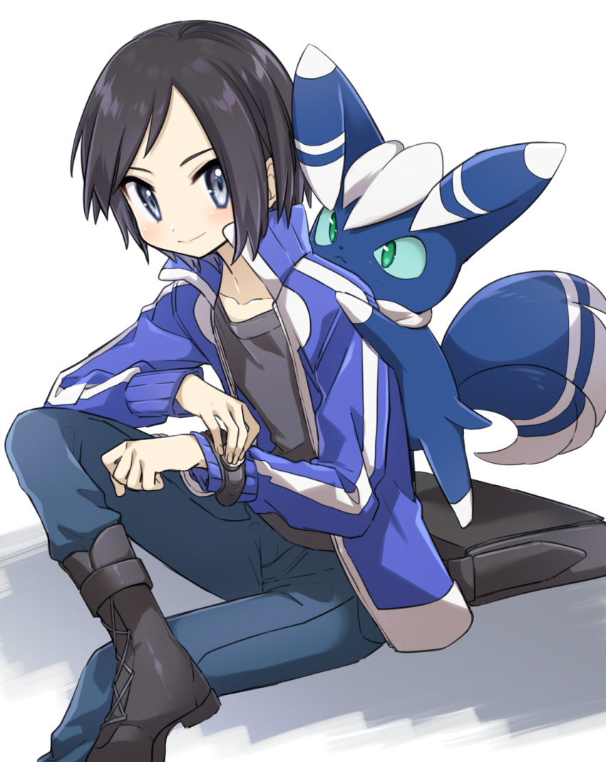 1boy black_footwear black_hair black_shirt blue_eyes blue_jacket boots calem_(pokemon) closed_mouth high_collar highres jacket leftporygon long_sleeves male_focus meowstic pants pokemon pokemon_(creature) pokemon_(game) pokemon_xy shirt simple_background sitting smile track_jacket