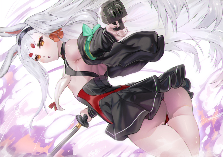 1girl animal_ears ass azur_lane black_hairband black_jacket dress dutch_angle eyebrows_visible_through_hair from_behind gun hairband highres holding holding_gun holding_sword holding_weapon jacket long_hair looking_at_viewer looking_back lost-phews off_shoulder open_clothes open_jacket panties rabbit_ears red_panties shimakaze_(azur_lane) short_dress solo sword underwear very_long_hair weapon white_hair yellow_eyes